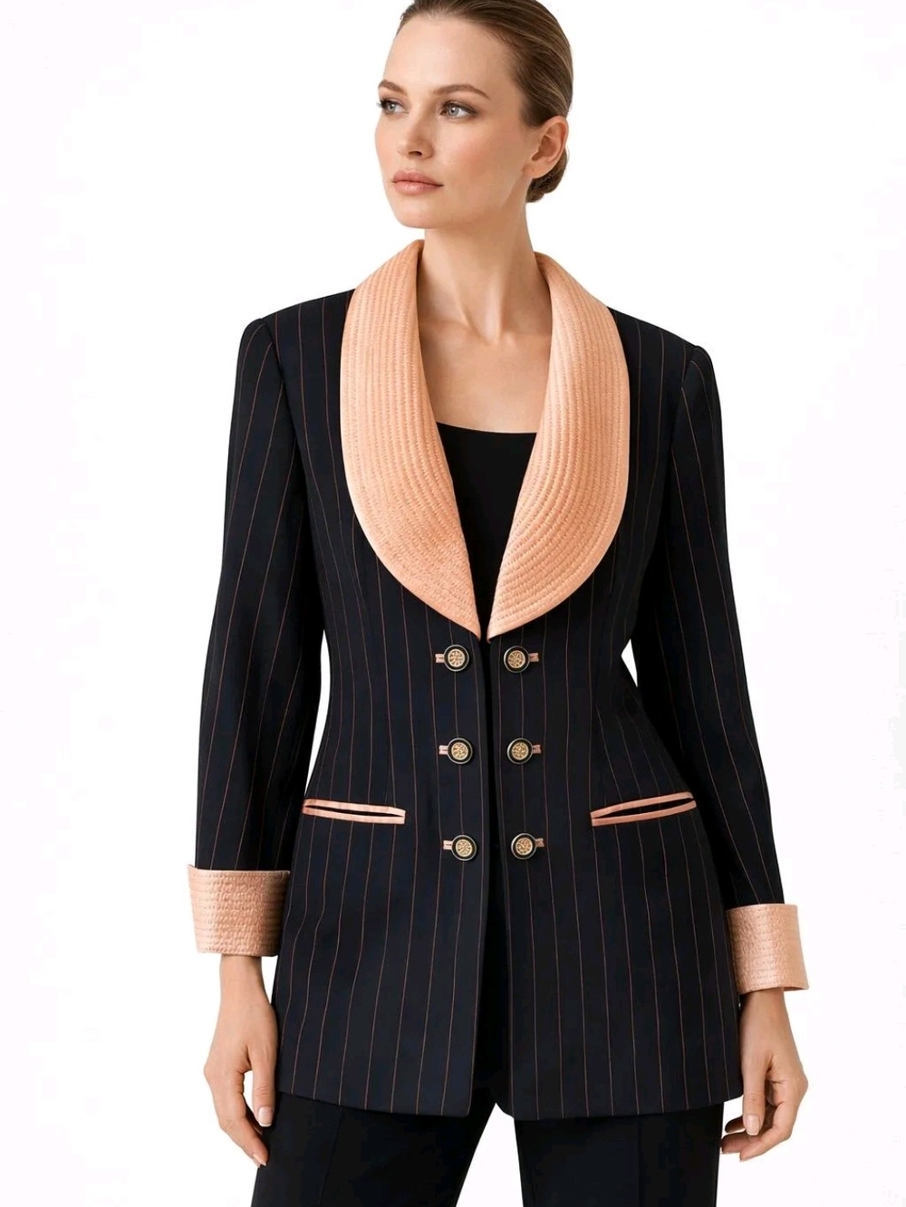 Vintage Black Pinstripe Double-Breasted Blazer with Peach Shawl Collar 🔥😮‍💨🫰